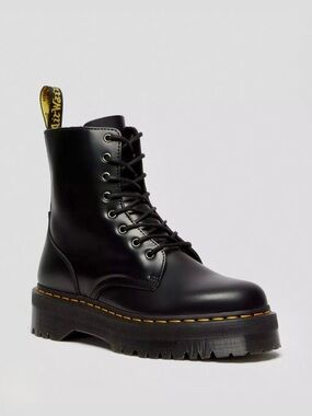 Dr. Martens Black Leather Platform Lace-Up Boot with Yellow Pull Tab